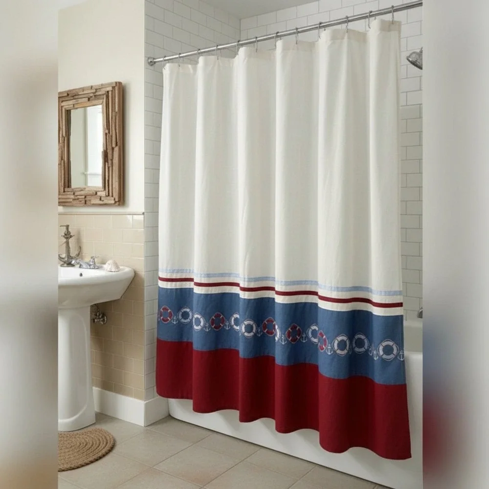 Nautical Anchor Life Preserver Shower Curtain Red Blue White Fabric‎ w/ 12 Hooks
